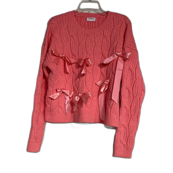STORIA PINK BOW CABLE KNIT SWEATER LARGE - Picture 1 of 5
